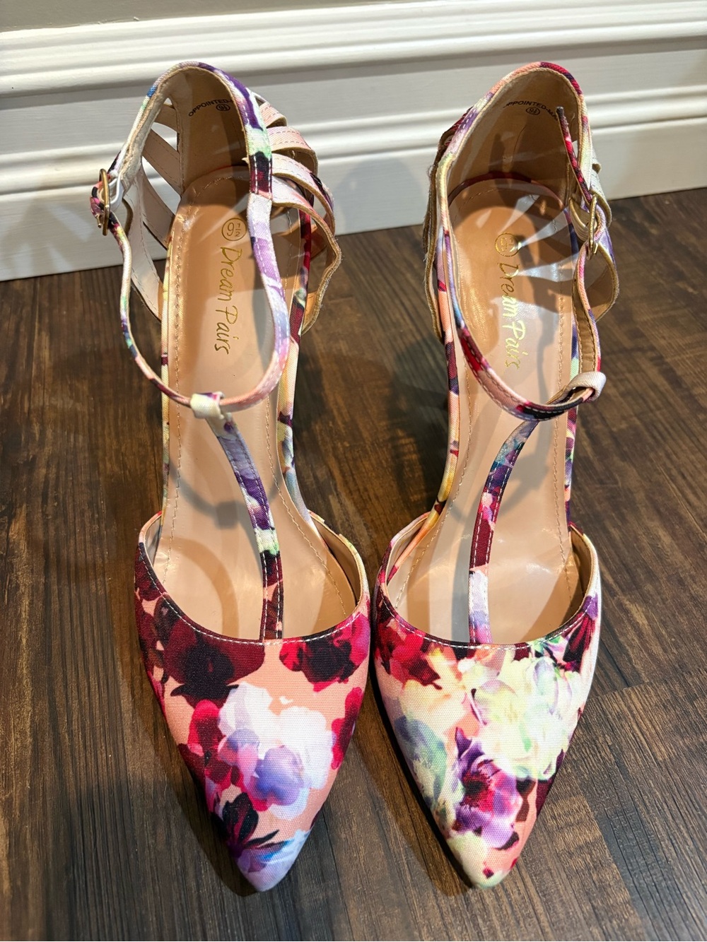 Dream Pairs Floral Pointed-Toe Ankle-Strap Heels - Pink Multi